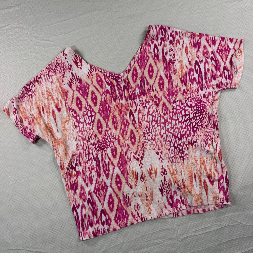 Chico's Womens 0 Small Pink Abstract Ikat Linen Short Sleeve V-Neck Top T-Shirt